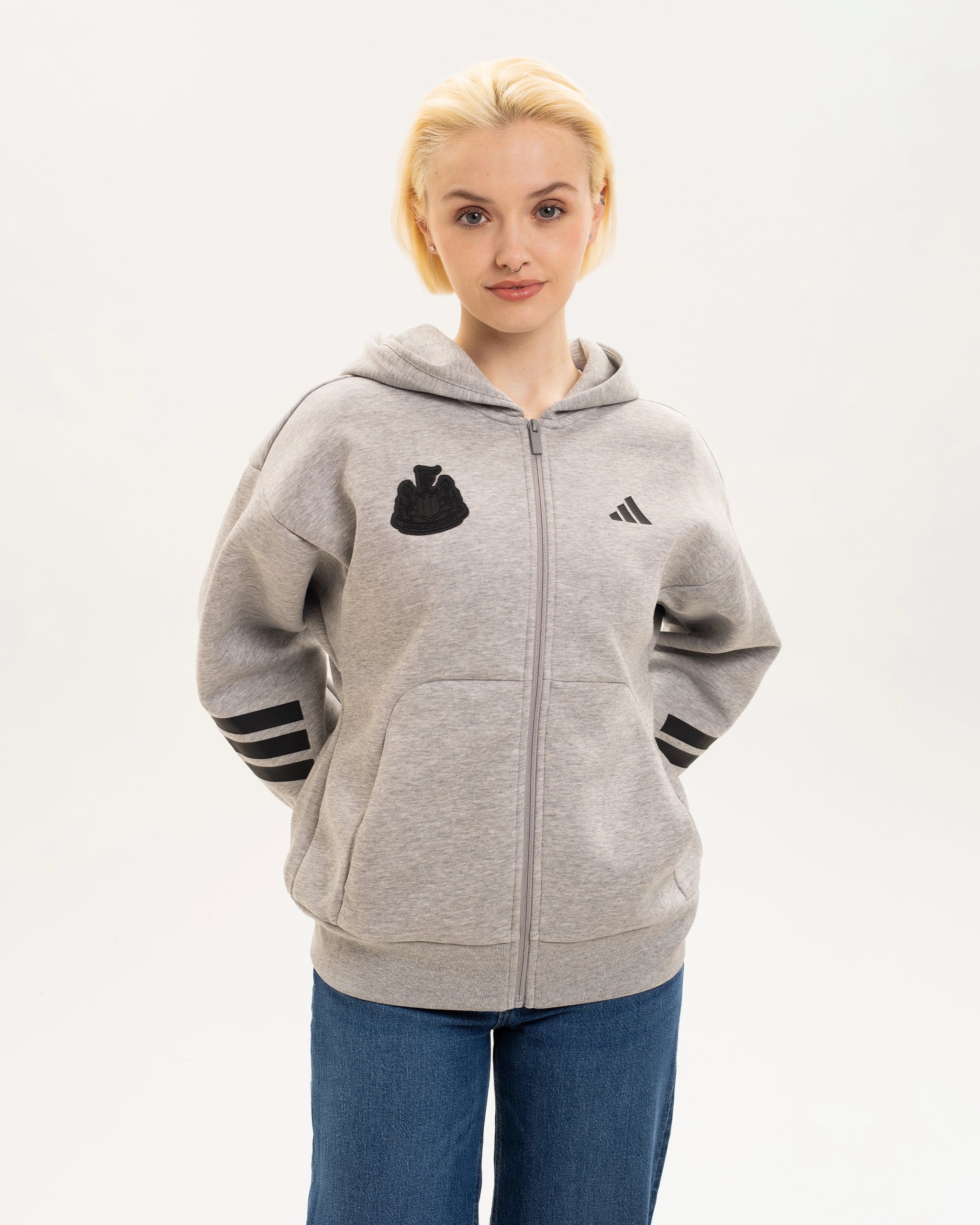 Newcastle United adidas Women's 3-Stripe Grey Full Zip Hoodie - Image 2