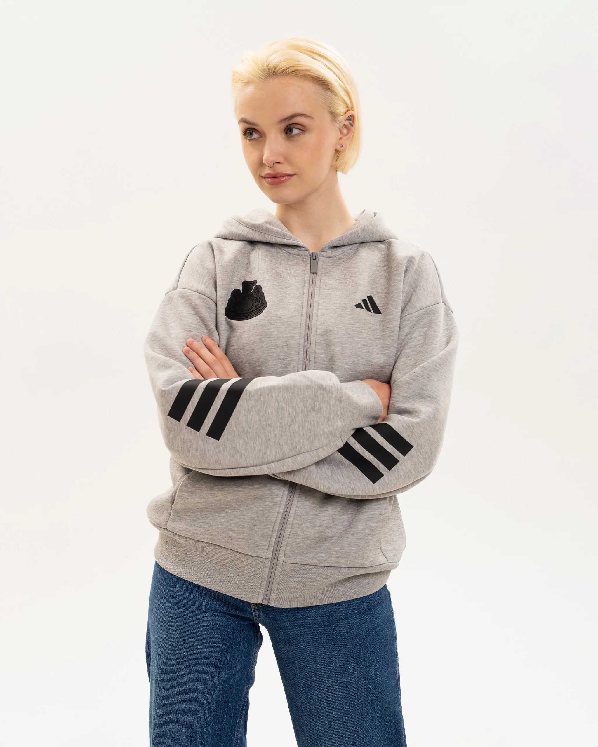 Newcastle United adidas Women's 3-Stripe Grey Full Zip Hoodie - Image 3