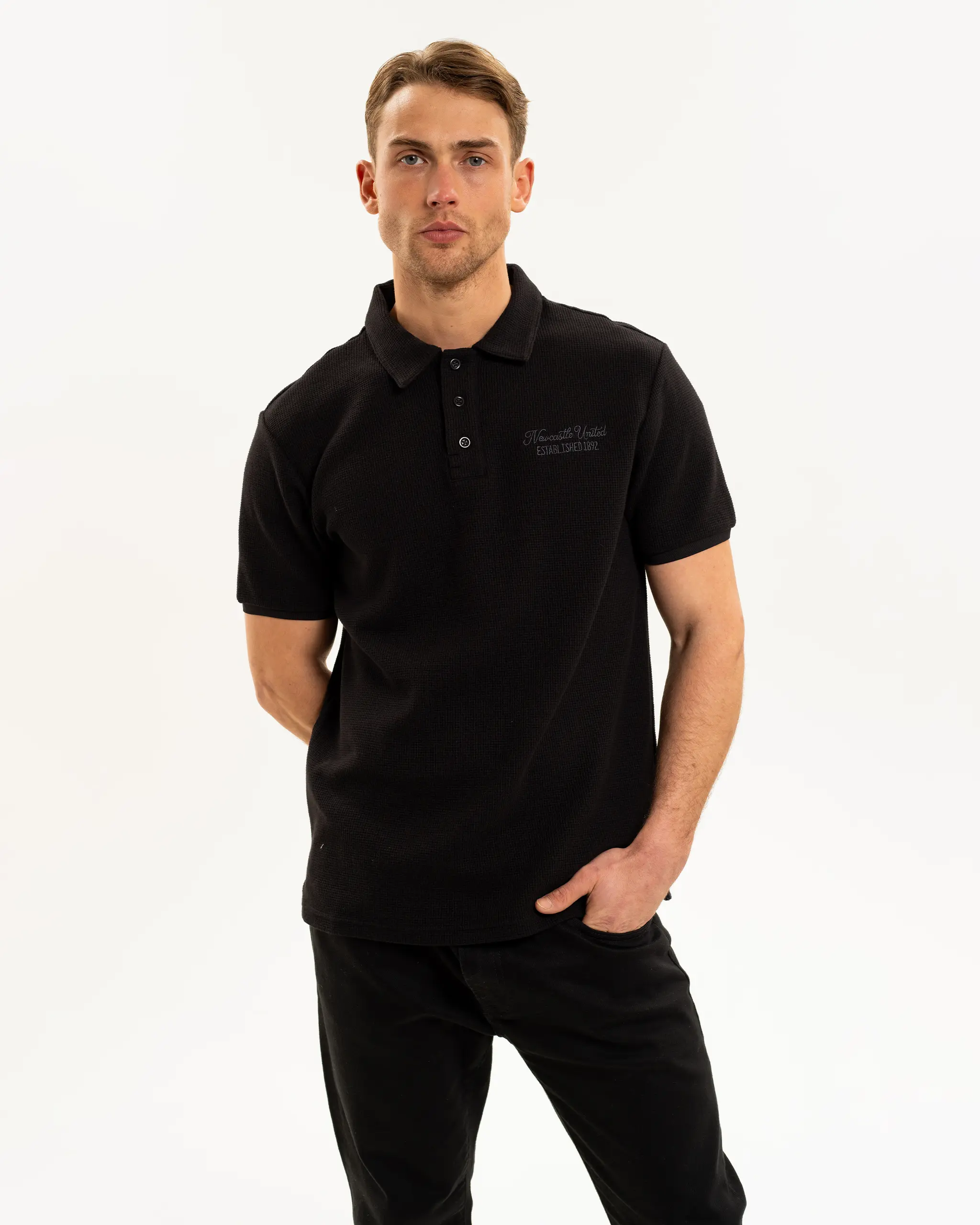 Newcastle United Men's Black Waffle Open Neck Polo Shirt - Image 2